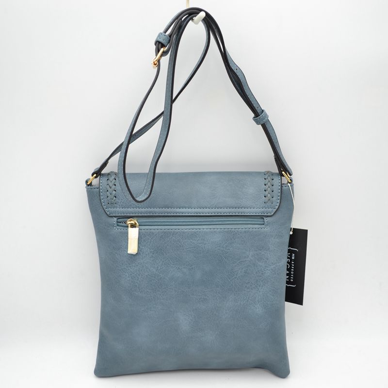 Braided Trim Flap Messenger Crossbody Bag with Metallic Bar T-Lock Closure