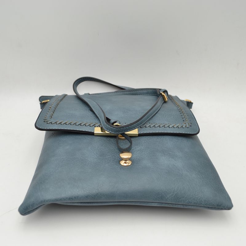 Braided Trim Flap Messenger Crossbody Bag with Metallic Bar T-Lock Closure