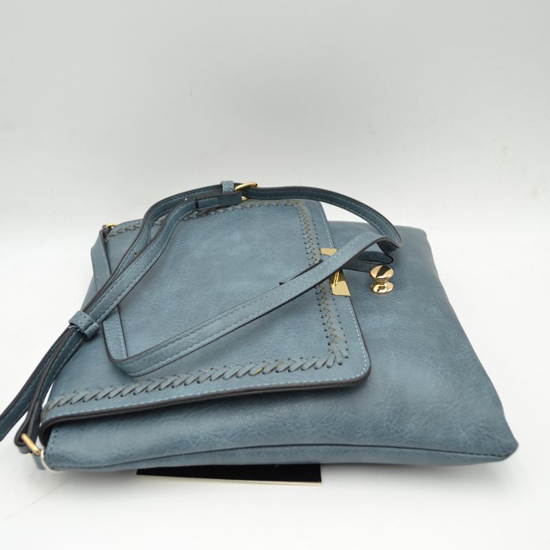 Braided Trim Flap Messenger Crossbody Bag with Metallic Bar T-Lock Closure