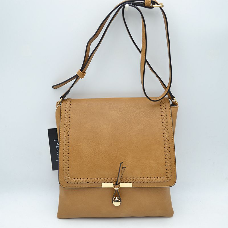 Braided Trim Flap Messenger Crossbody Bag with Metallic Bar T-Lock Closure