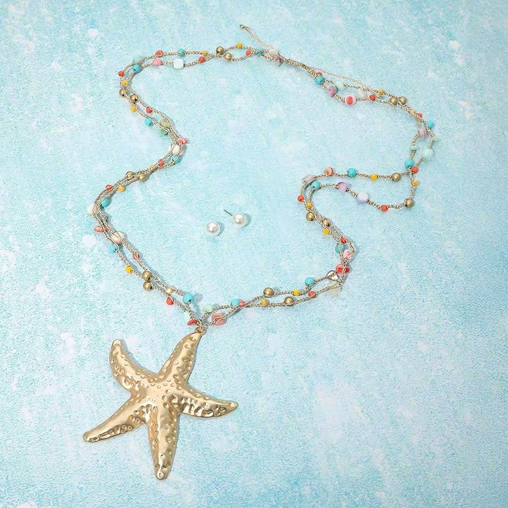 Starfish Pendant Accent Faceted Beads Station Layered Chain Adjustable Cinch Pull Tie Statement Long Necklace