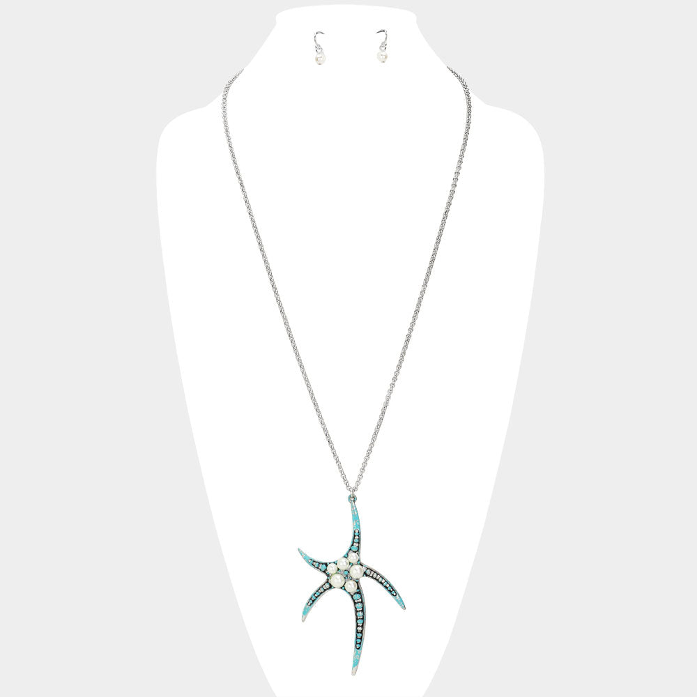 Pearl Embellished Antique Metal Starfish Pendant Long Necklace