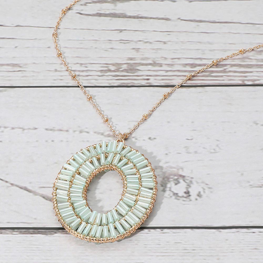 Cylinder Beaded Oval Ring Pendant Long Necklace