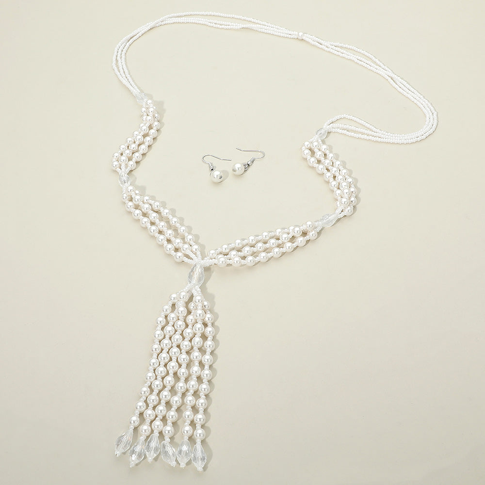 Pearl Beaded Tassel Long Necklace