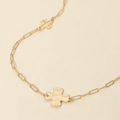 Hammered Metal Cross Charm Station Paperclip Chain Long Necklace