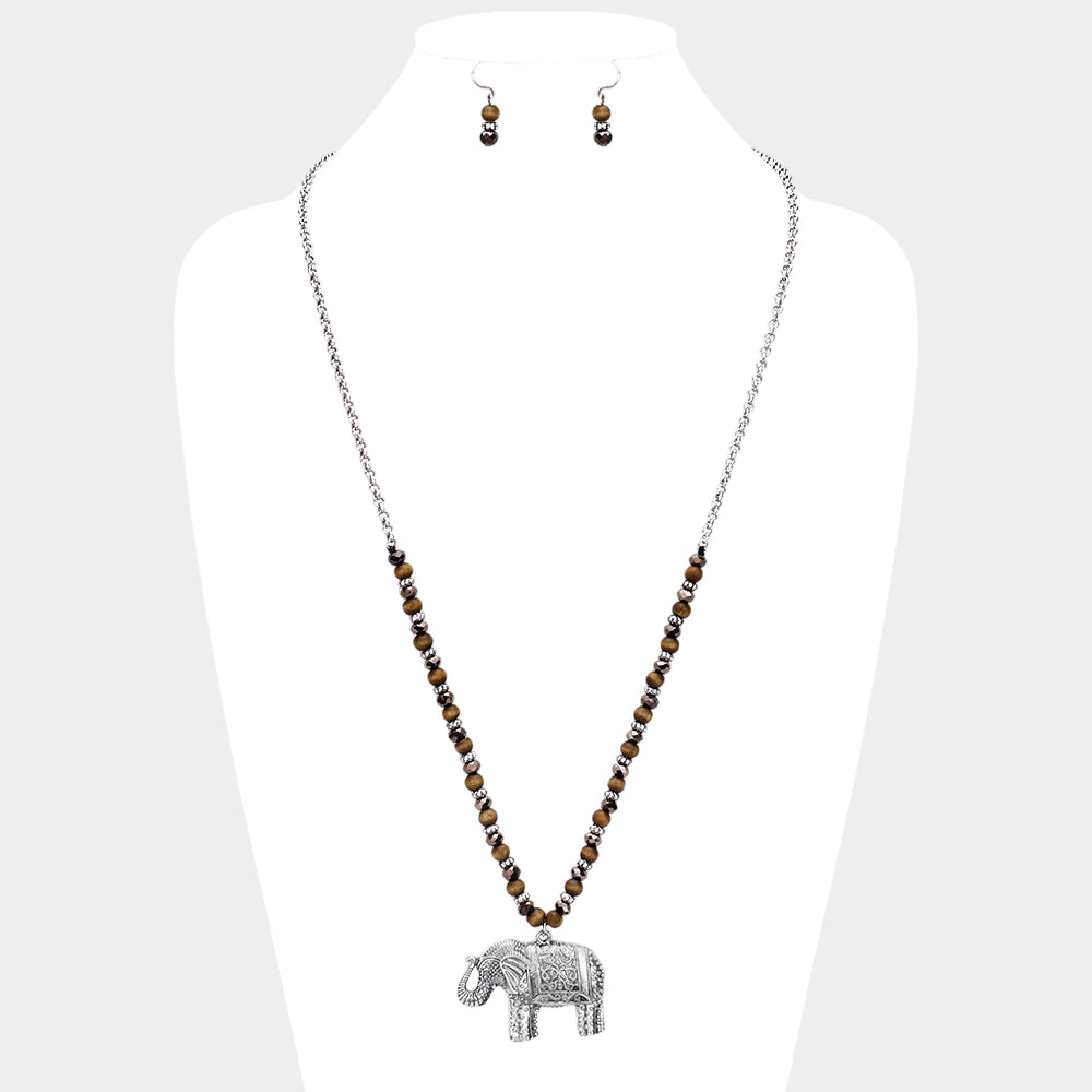 Burnished Metal Elephant Pendant Beaded Long Necklace