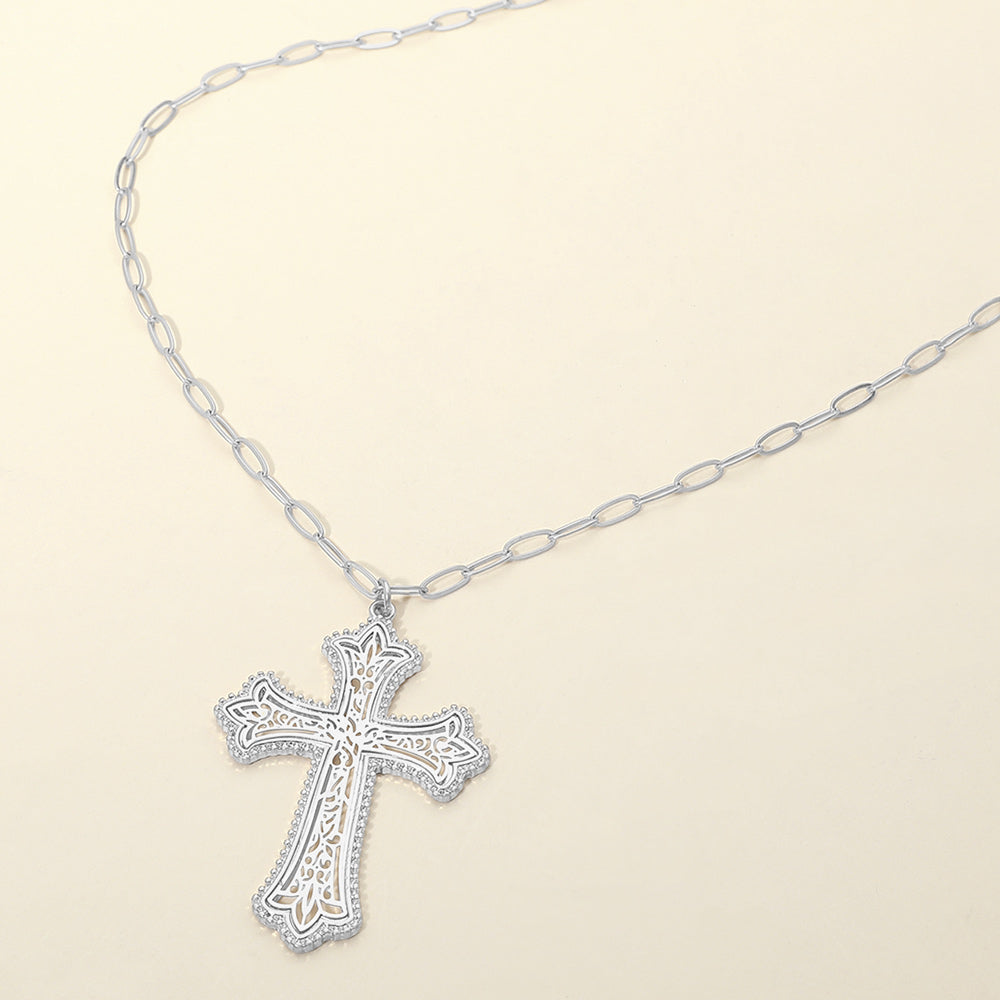 Metal Filigree Cross Pendant Long Necklace