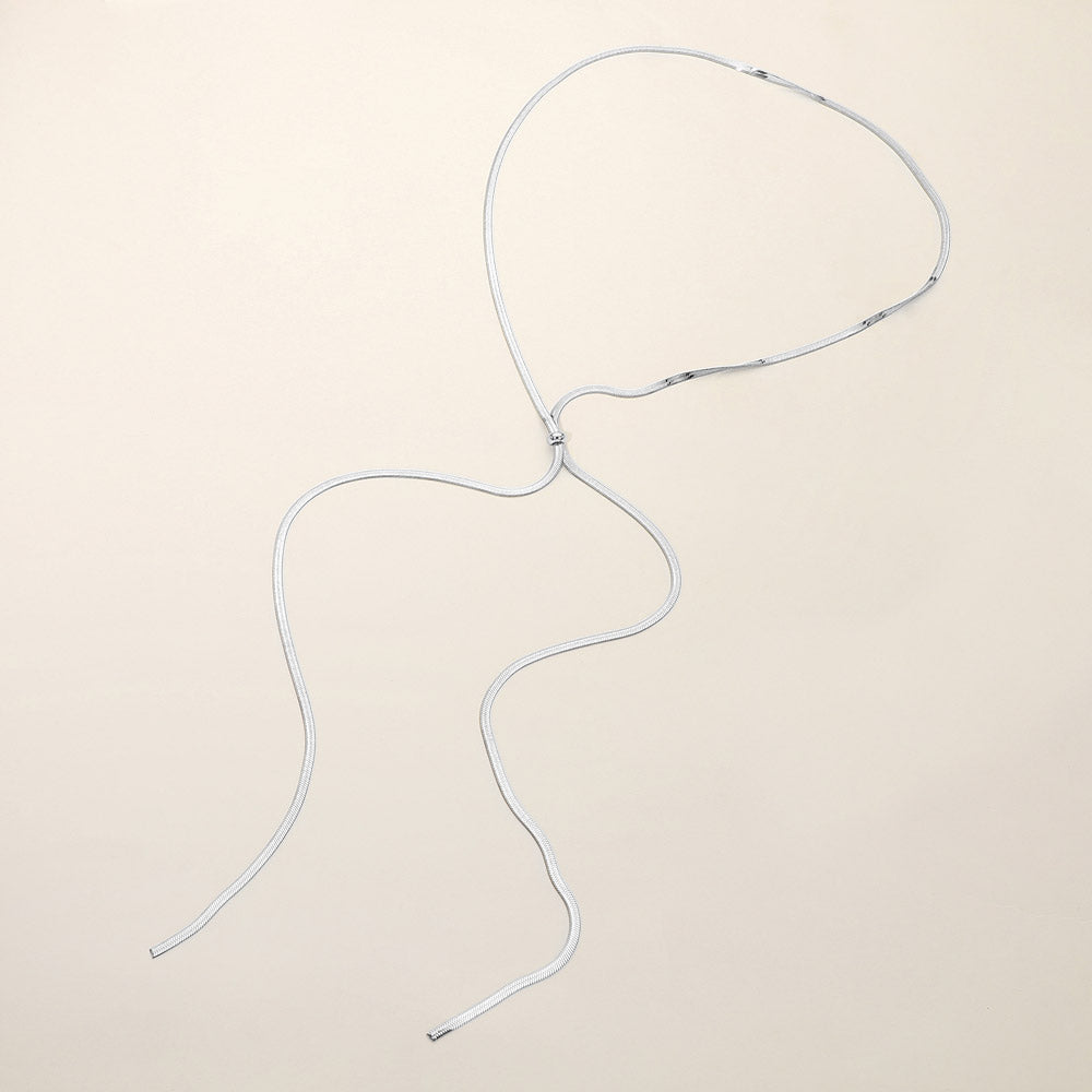 SECRET BOX_Stainless Steel Adjustable Sliding Knot Herringbone Chain Long Necklace