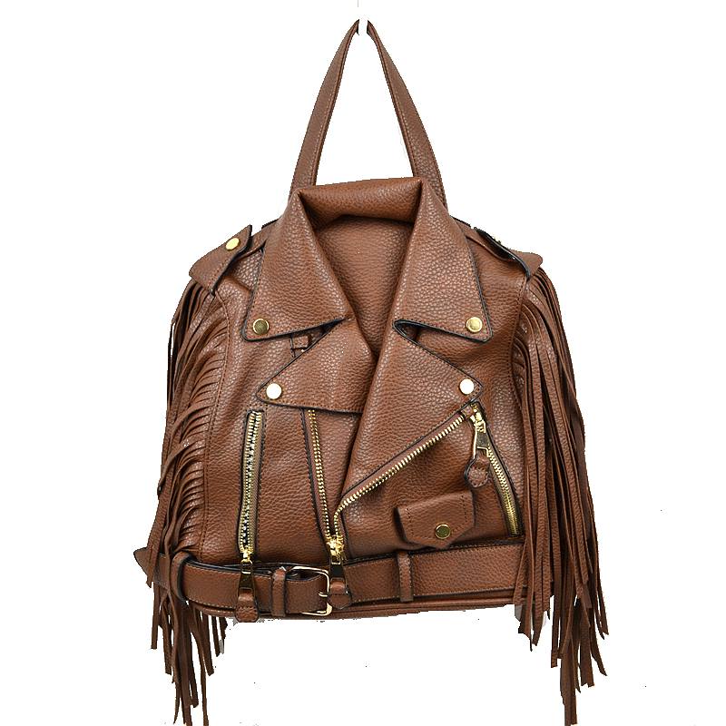 Faux Leather Moto Jacket Backpack with Side Fringe Accents