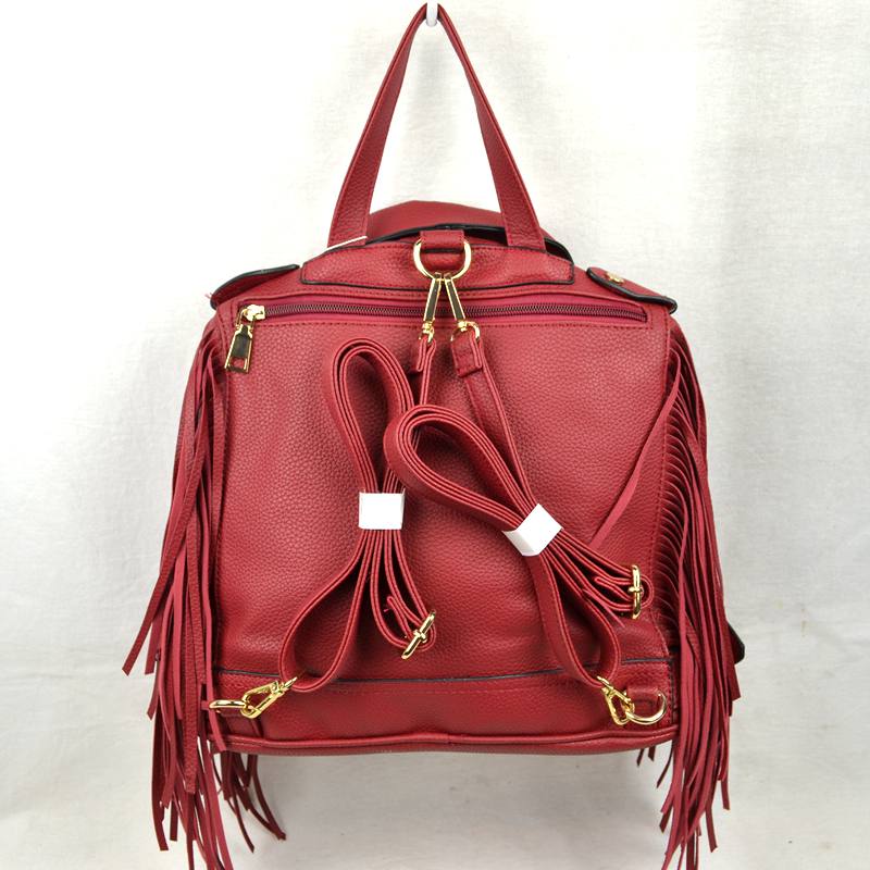 Faux Leather Moto Jacket Backpack with Side Fringe Accents