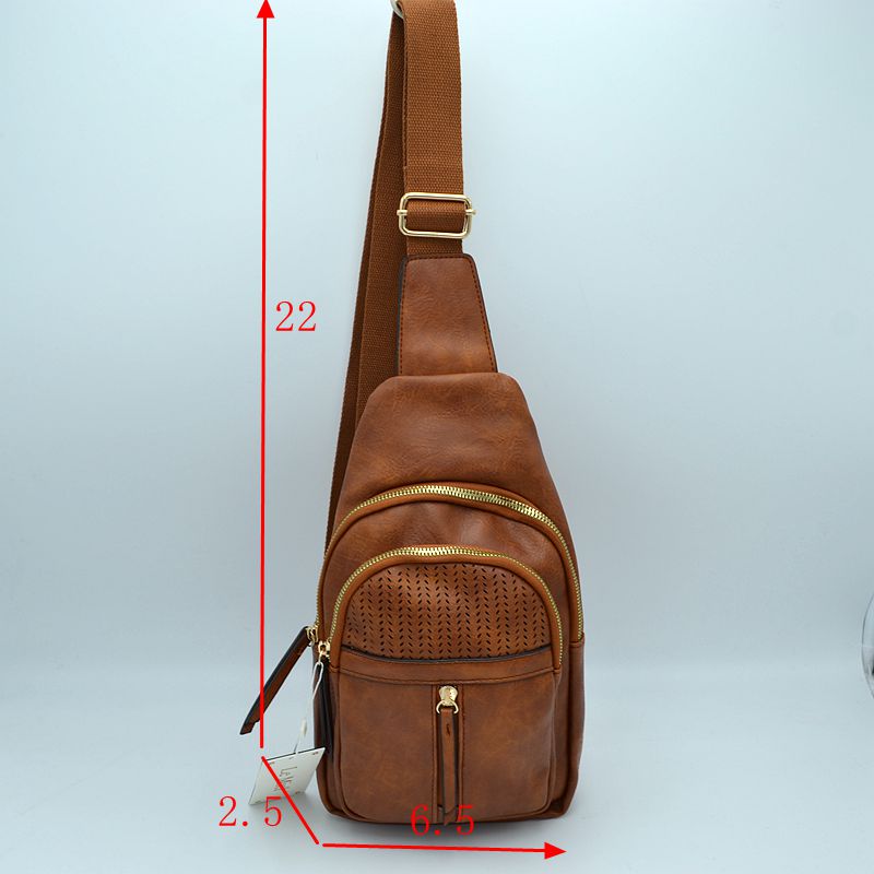 Grained Sling Bag with Perforated Accent and Gold Zippers