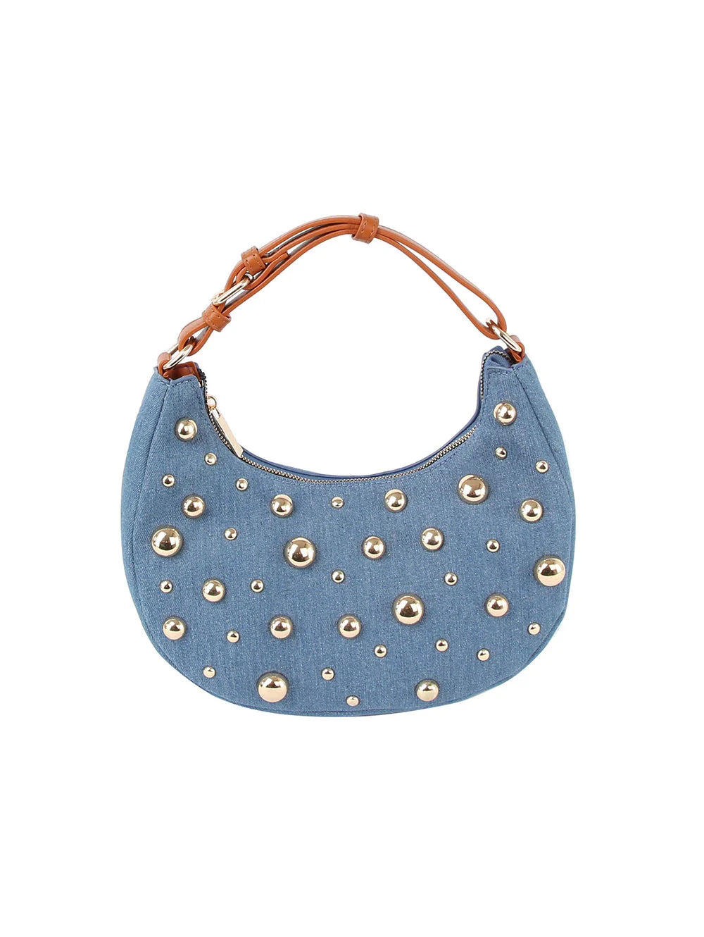 Studded Crescent Shoulder Bag with Adjustable Top Handle