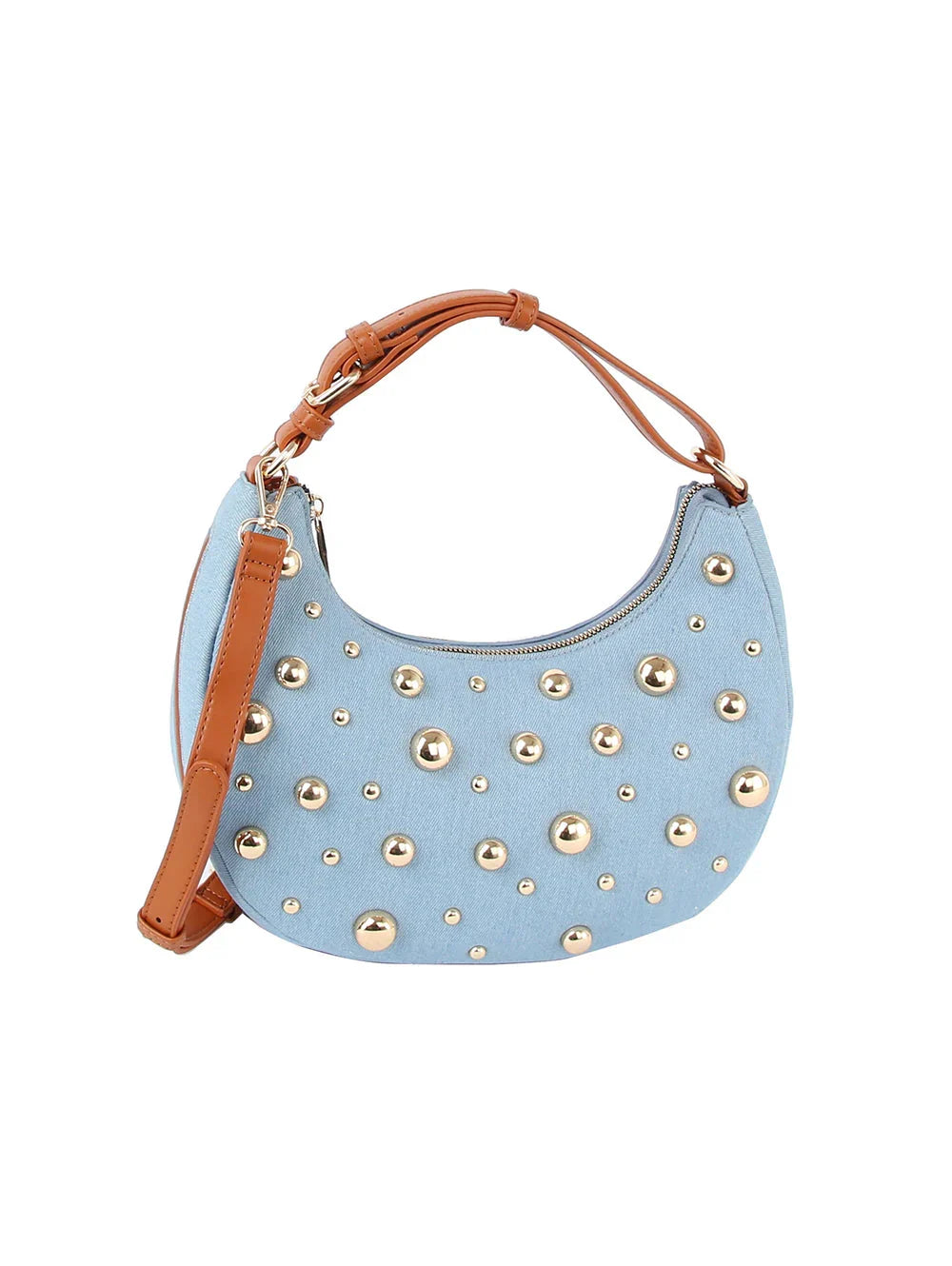 Studded Crescent Shoulder Bag with Adjustable Top Handle