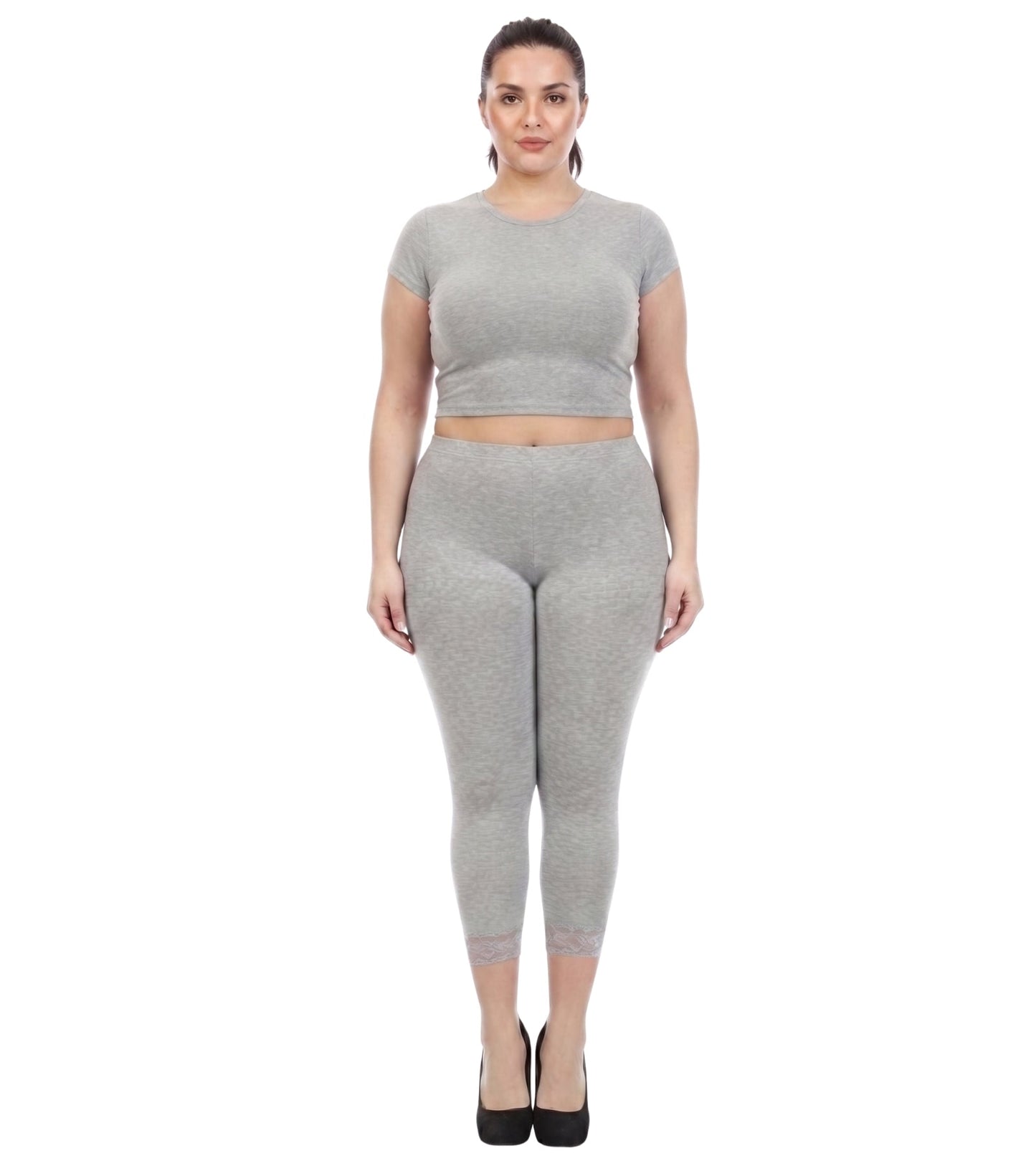 Sakkas Cotton Blend Lace Trim Stretch Capri Leggings - Made in USA