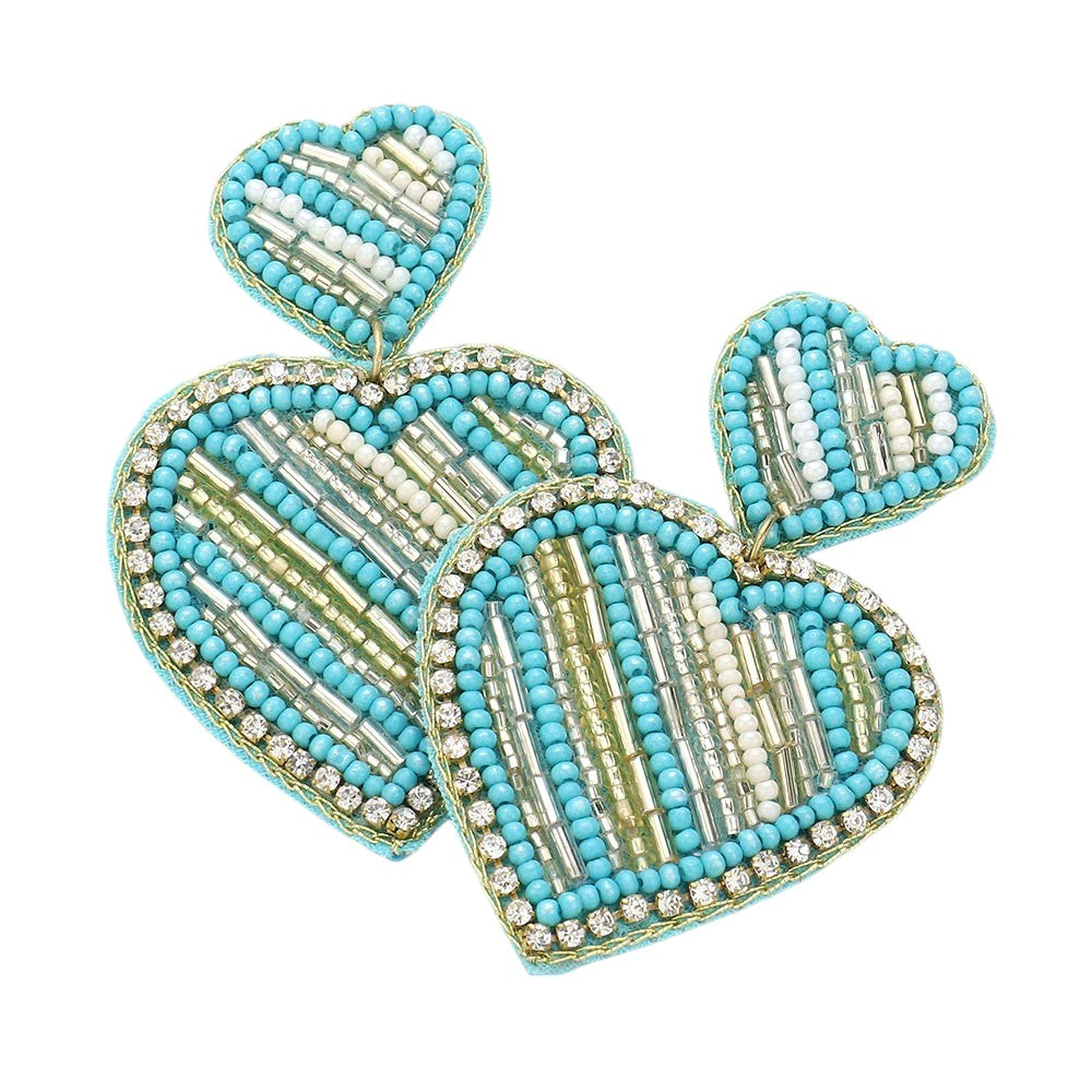Felt Back Beaded Double Heart Link Dangle Earrings