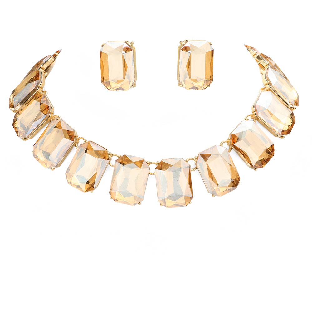 Emerald Cut Stone Link Evening Necklace Earring Set