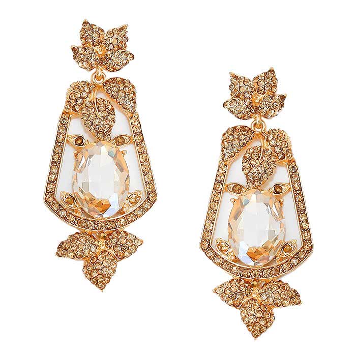 Oval Crystal Rhinestone Leaf Evening Earrings