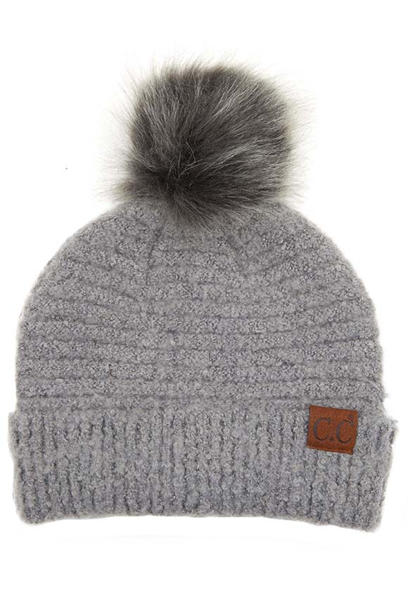 C.C Solid Boucle Yarn Beanie Hat With Pom