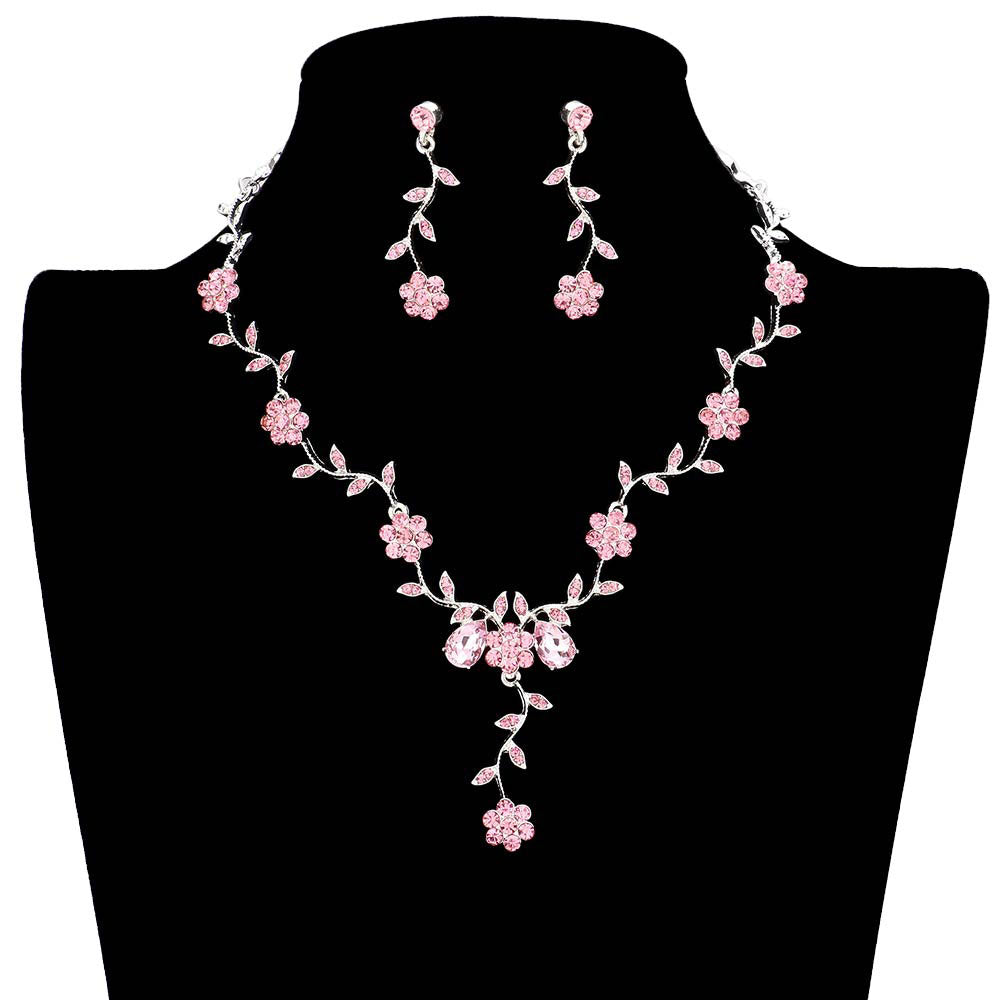 Flower Leaf Cluster Vine Rhinestone Necklace