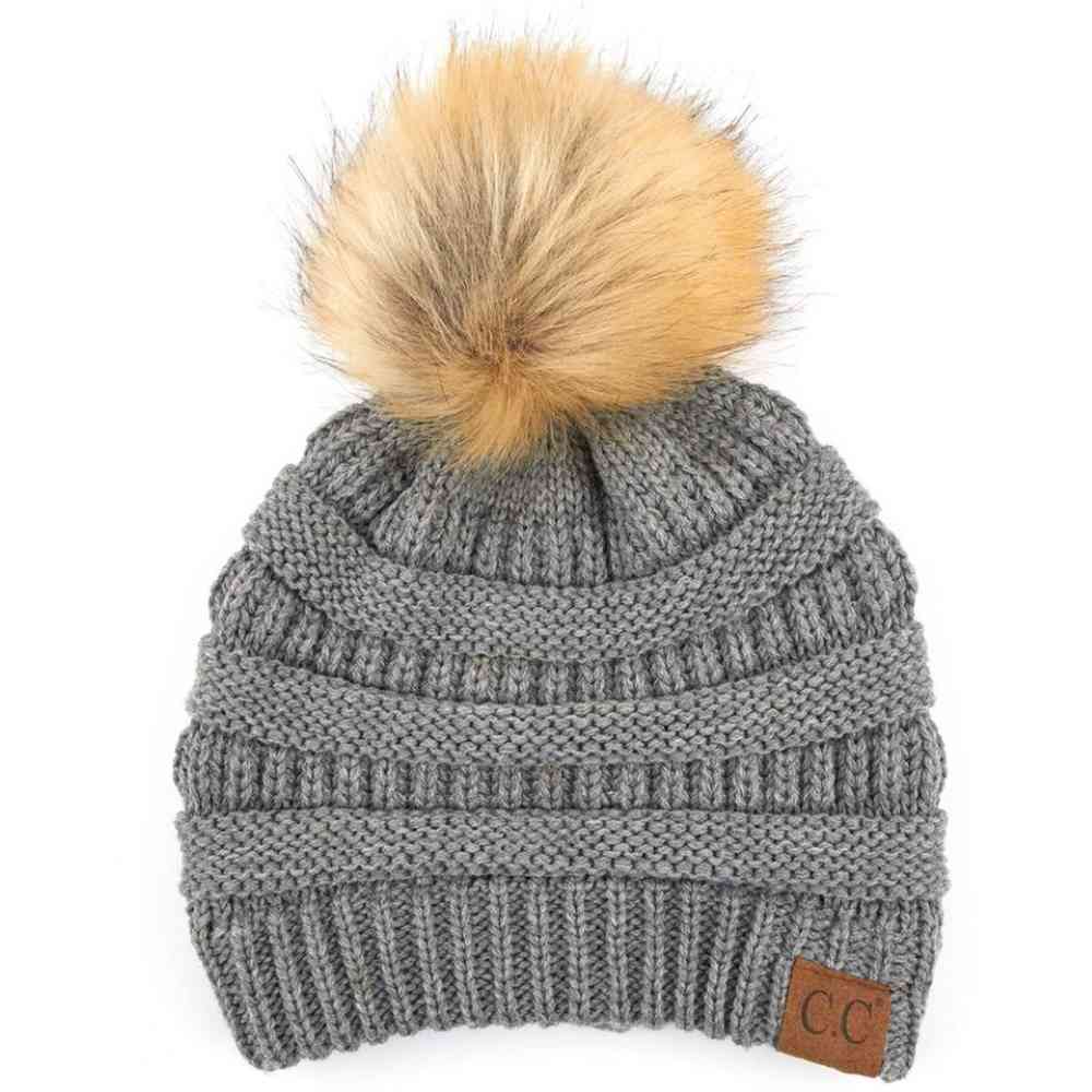 C.C Solid Ribbed Knit Beanie with Pom