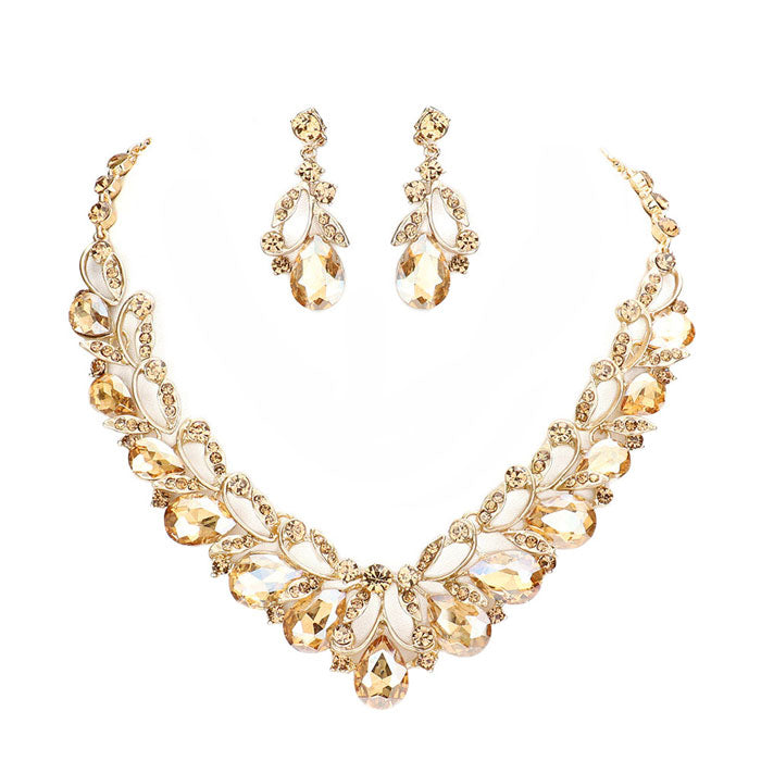 Teardrop Accented Stone Embellished Leaf Evening Necklace