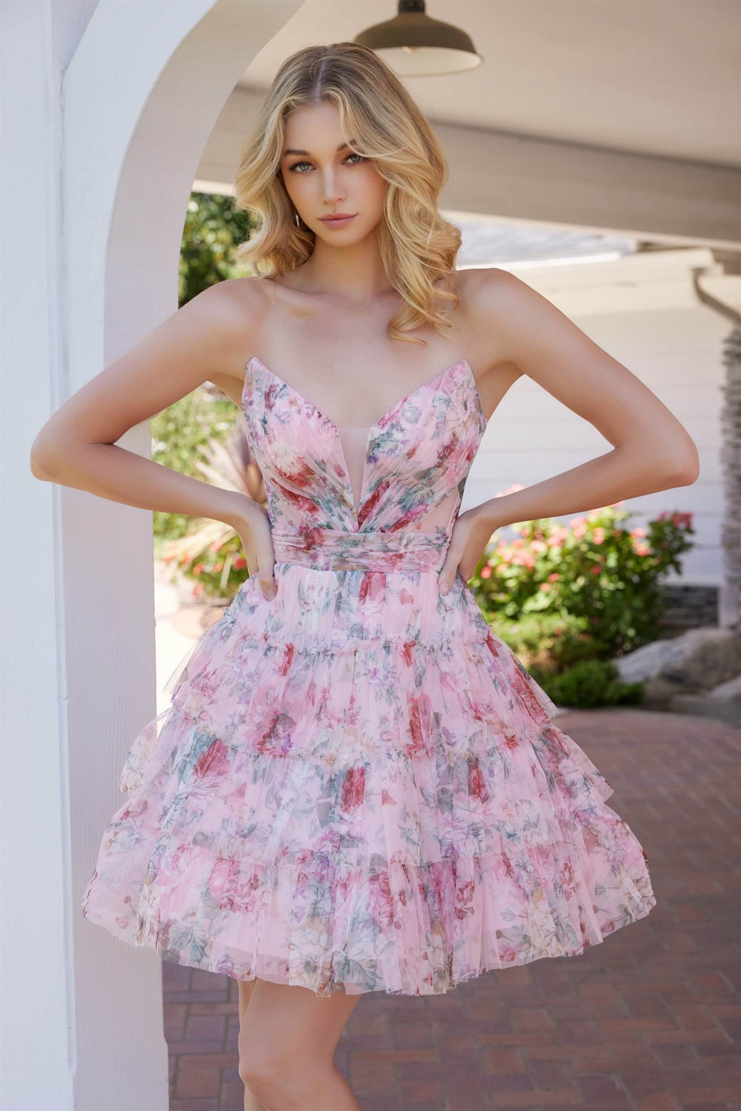 Nox Anabel M992 Elegante y Delicado Vestido de Gasa sin Tirantes con Estampado Floral