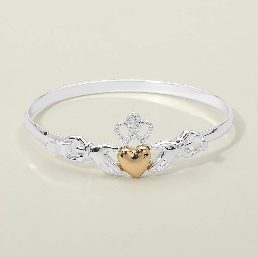 Women's Two Tone Irish Claddagh Heart Crown Bangle Bracelet