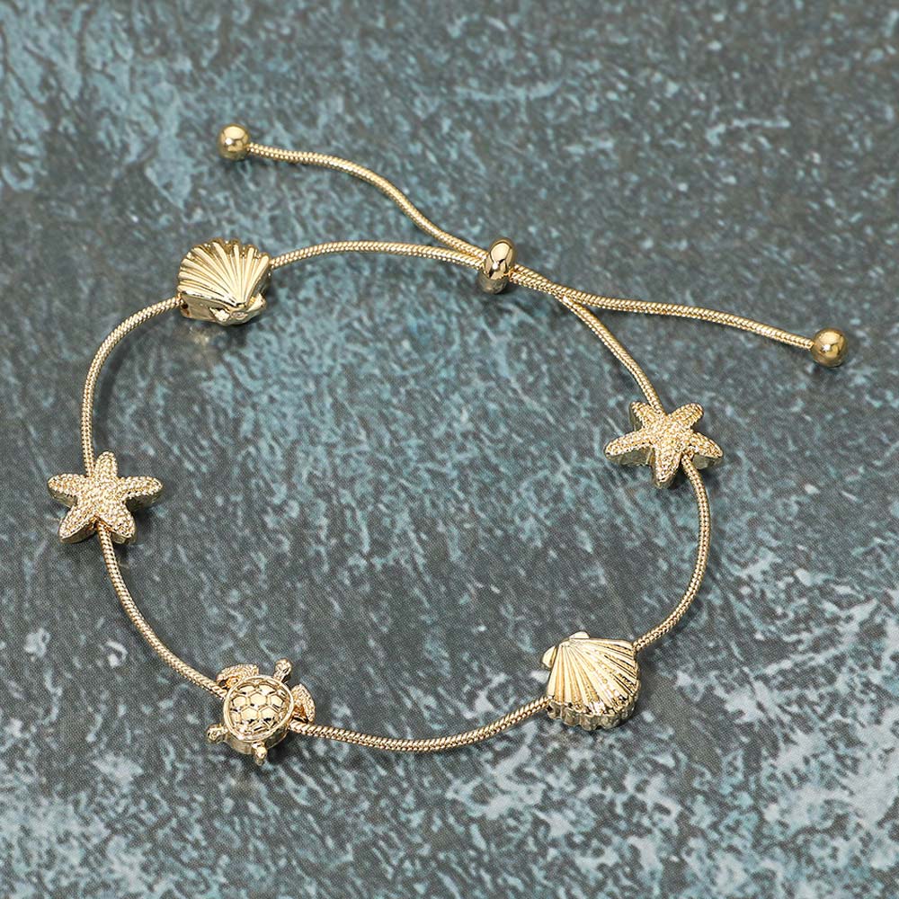 Textured Metal Starfish Shell Turtle Station Cinch Pull Tie Bracelet