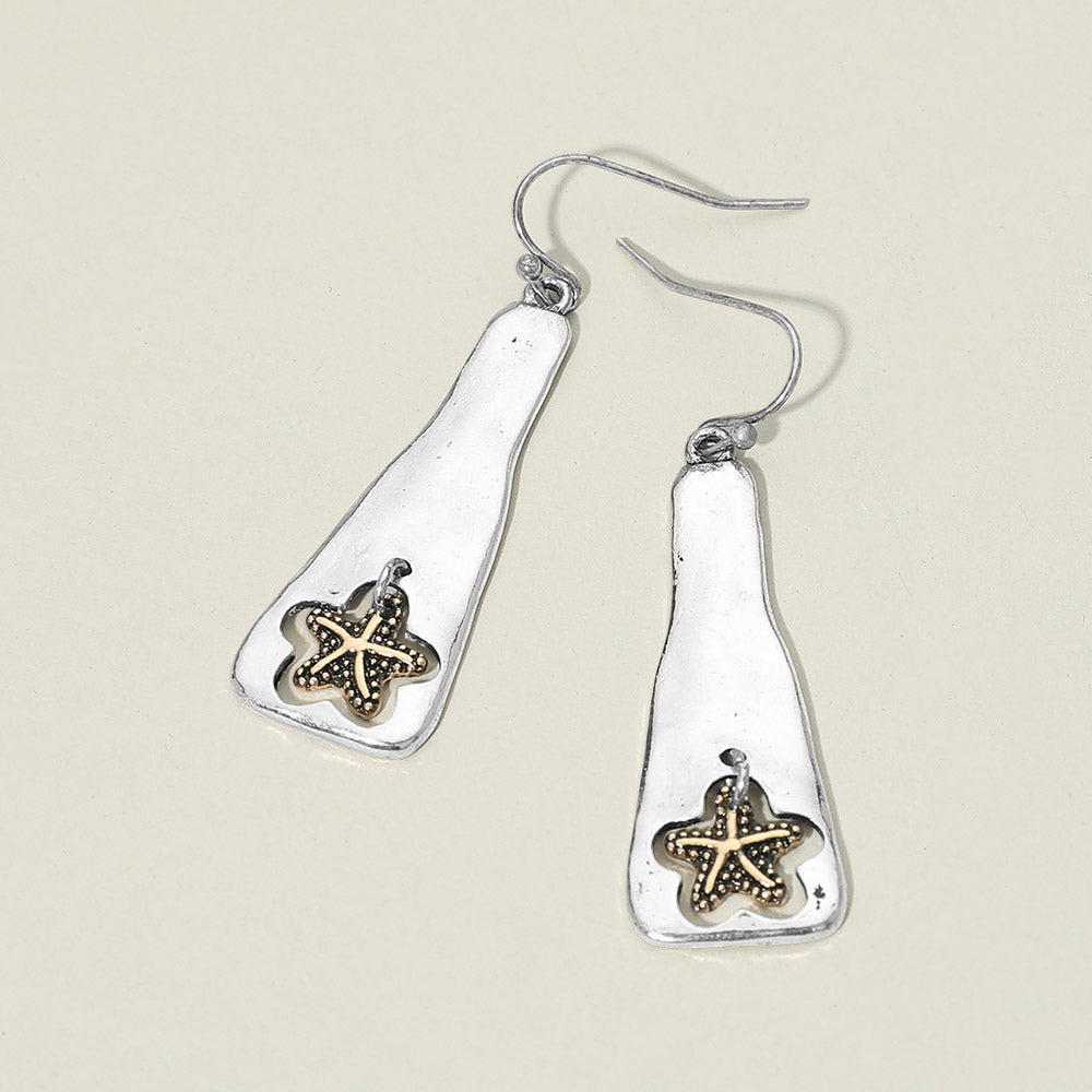 Women's Textured Metal Starfish Charm Drop Plate Dangle Earrings