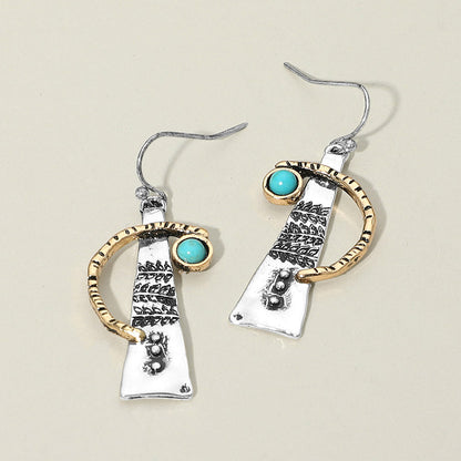 Turquoise Stone Accent Abstract Textured Metal Drop Earrings