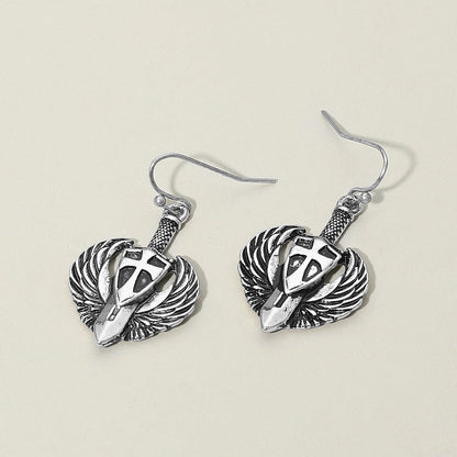 Antique Metal Wing Cross Sword Shield Drop Earrings