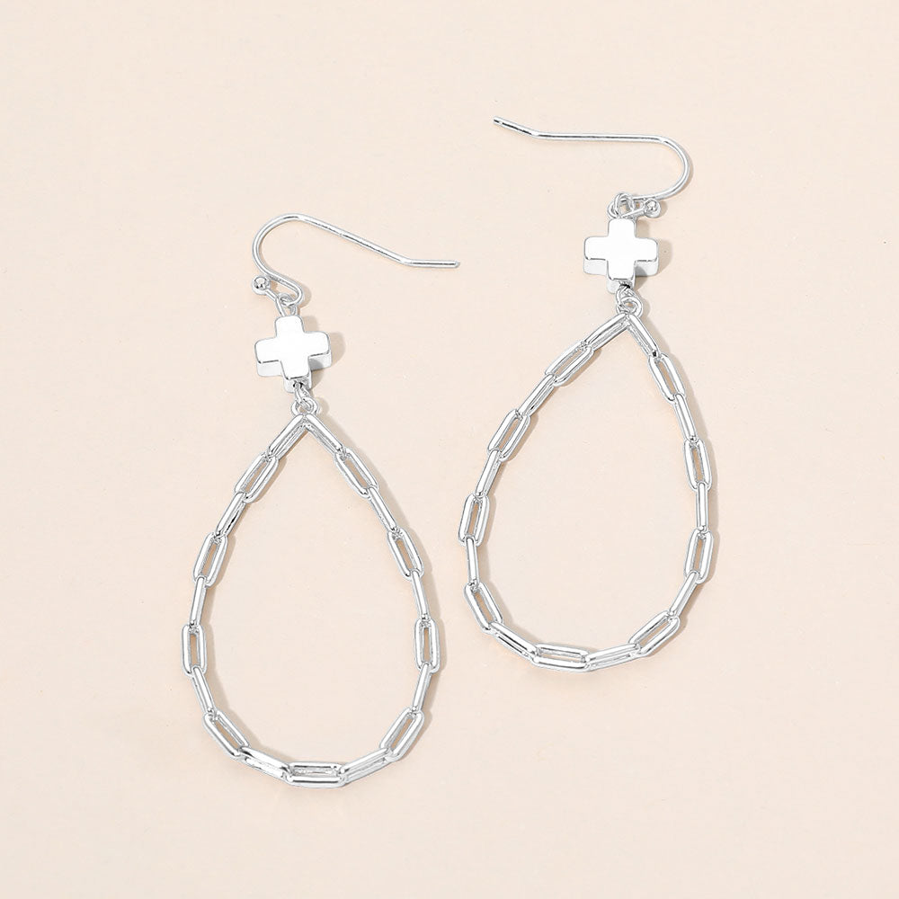 Metal Cross Charm Accent Paperclip Chain Link Open Teardrop Earrings
