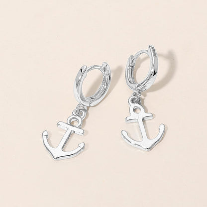 Anchor Charm Drop Huggie Hoop Earrings