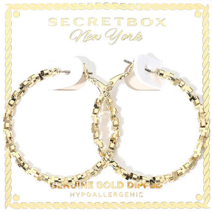 SECRET BOX_Genuine Gold Dipped Hypoallergenic Geometric Textured Hoop Earrings