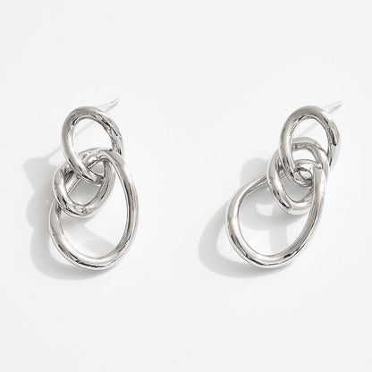 White Gold Dipped Triple Interlocking Hoop Drop Earrings