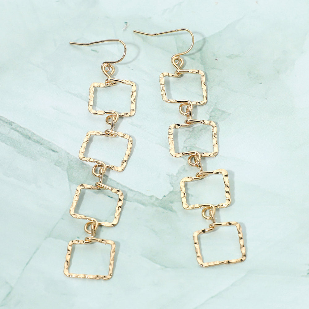 Textured Metal Geometric Open Square Link Drop Earrings