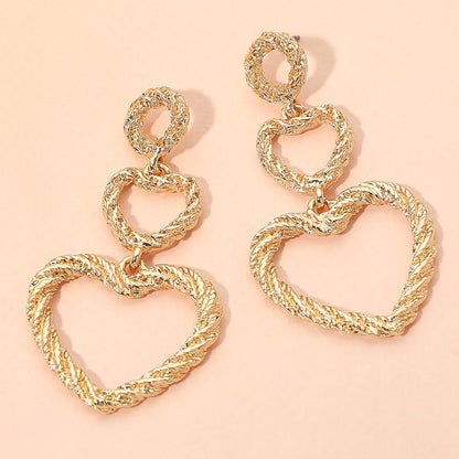 Textured Double Open Heart Link Drop Statement Earrings