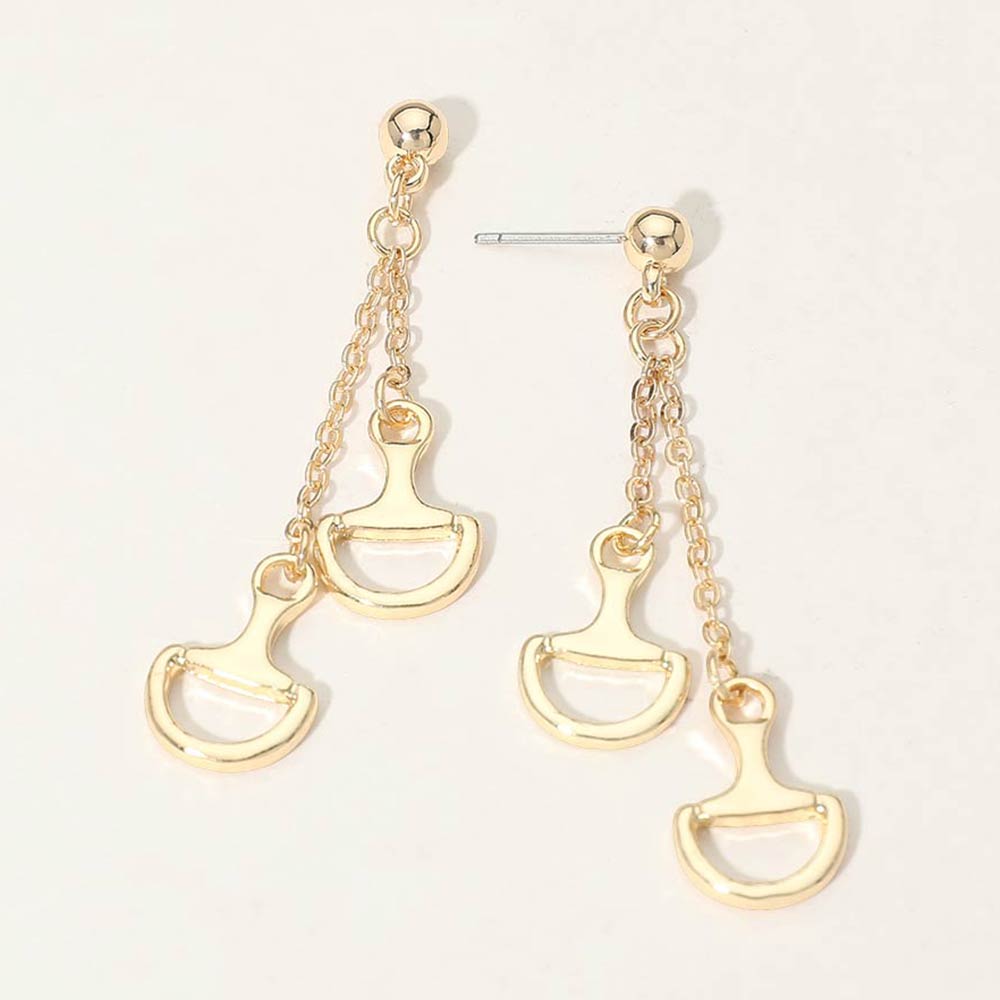 Double Metal Horsebit Charm Drop Earrings