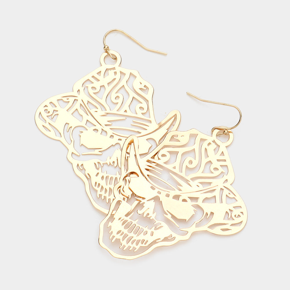 Brass Metal Cutout Skull Dangle Earrings