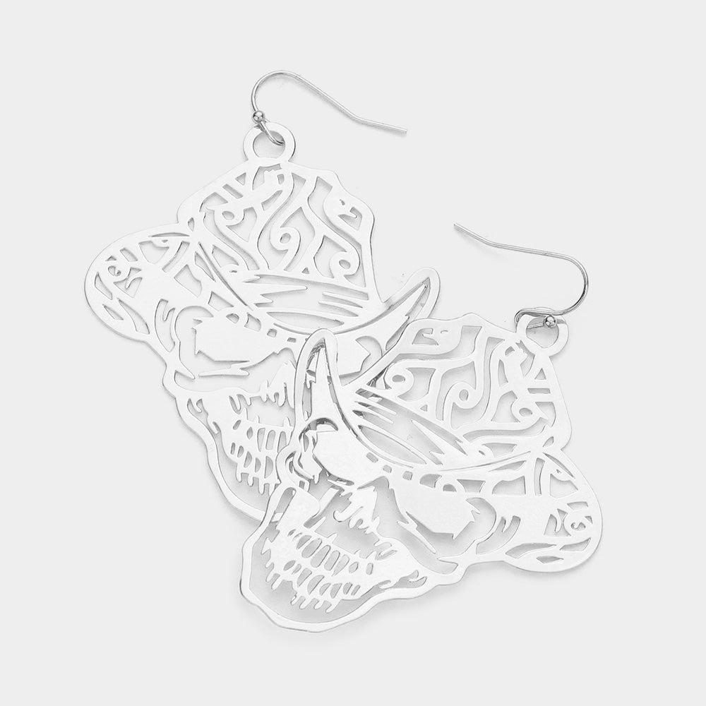 Brass Metal Cutout Skull Dangle Earrings