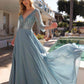 Nox Anabel MF101 Long V-Neck Embellished Bodice 3/4 Sleeve A-line Gown