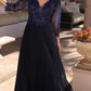 Nox Anabel MF102 Long Applique 3/4 Sleeve Pleated A-line Glitter Gown