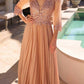 Nox Anabel MF102 Long Applique 3/4 Sleeve Pleated A-line Glitter Gown