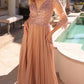 Nox Anabel MF102 Long Applique 3/4 Sleeve Pleated A-line Glitter Gown