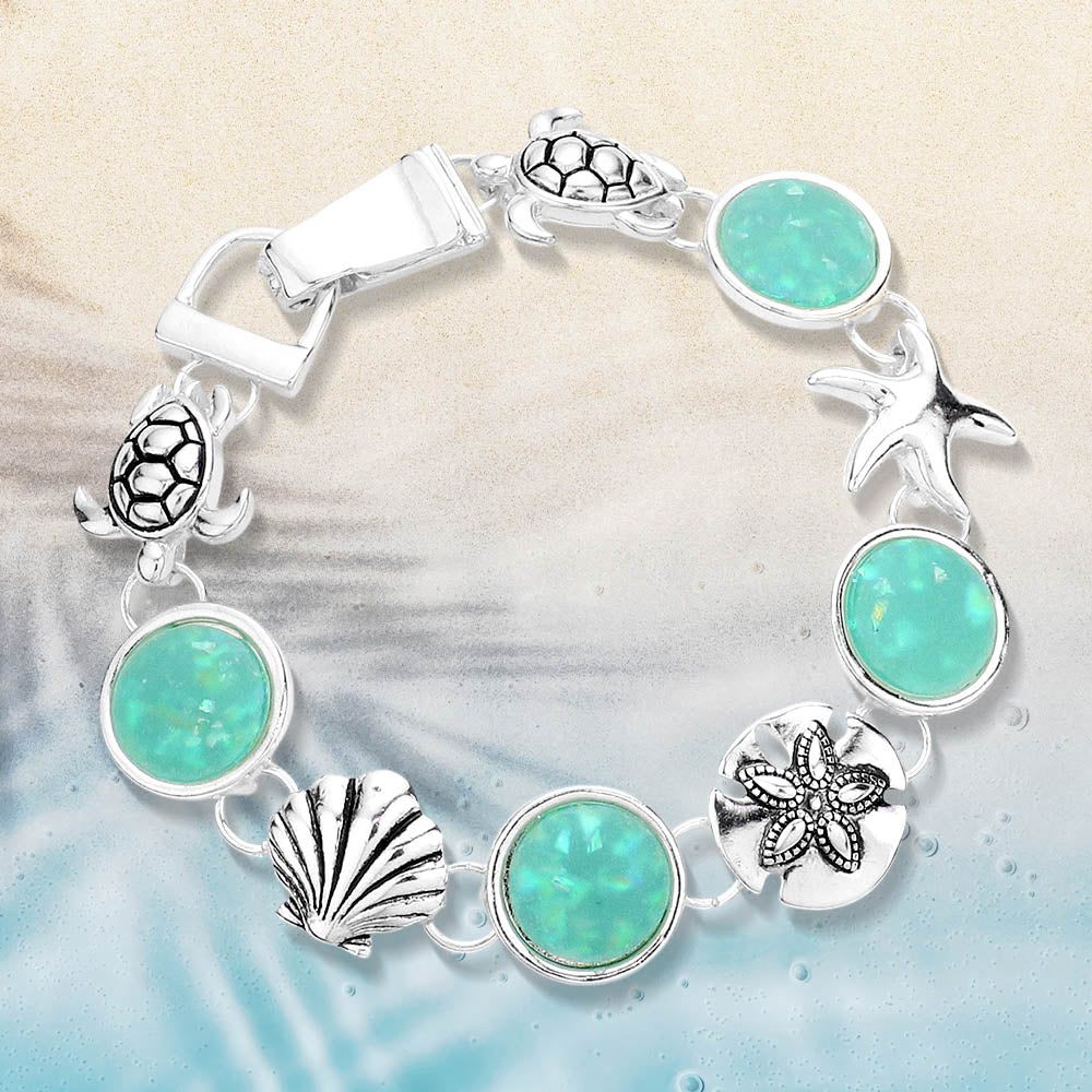 Women's Sea Glass Embossed Metal Life Magnetic Link Bracelet