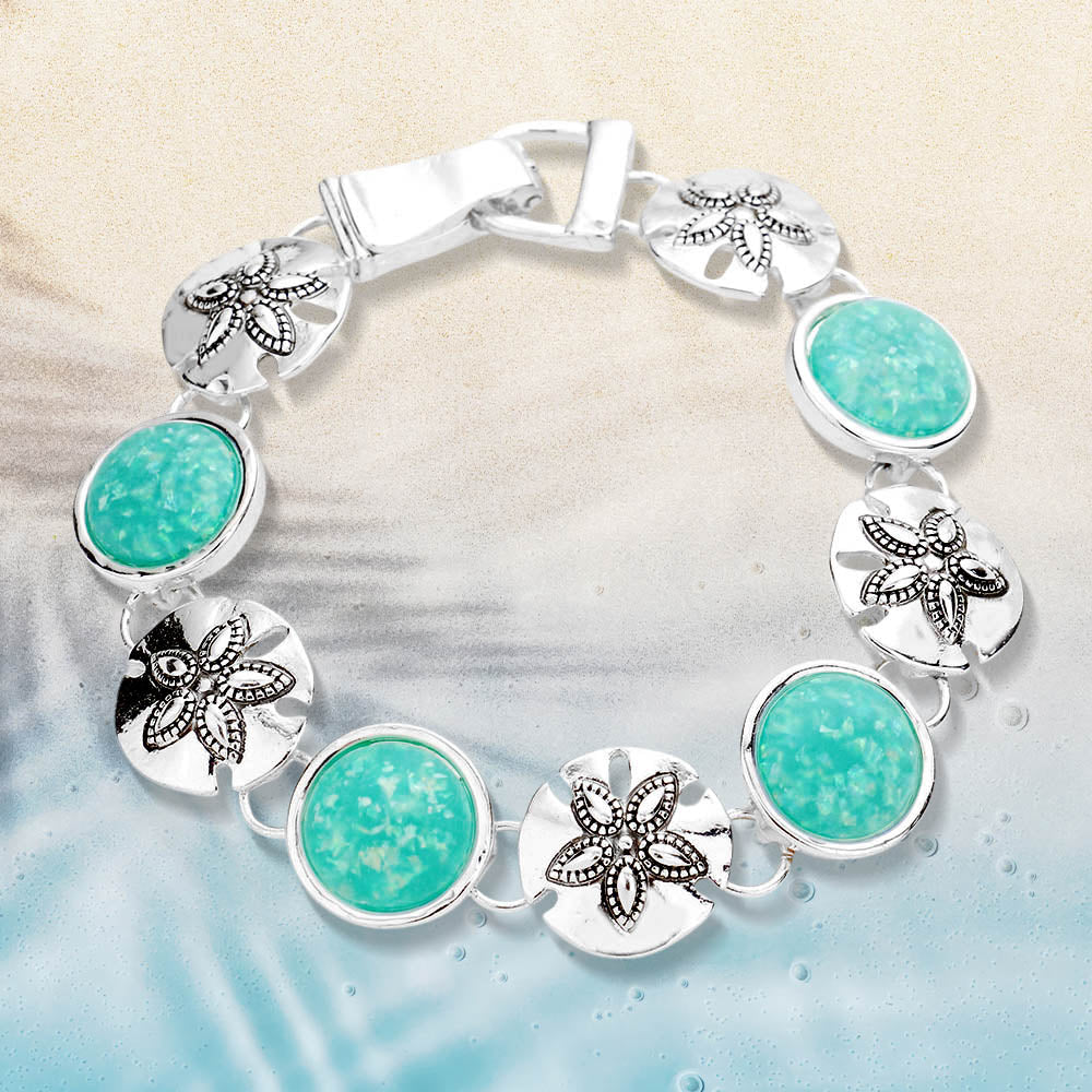 Sea Glass Embossed Metal Sand Dollar Magnetic Link Bracelet