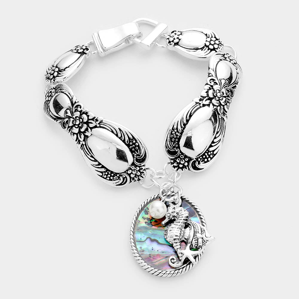 Abalone Seahorse Pearl Charm Patterned Antique Silver Bracelet