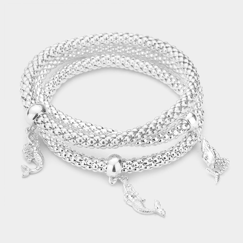 3PCS - Rhinestone Embellished Metal Mermaid Charm Stretch Bracelets