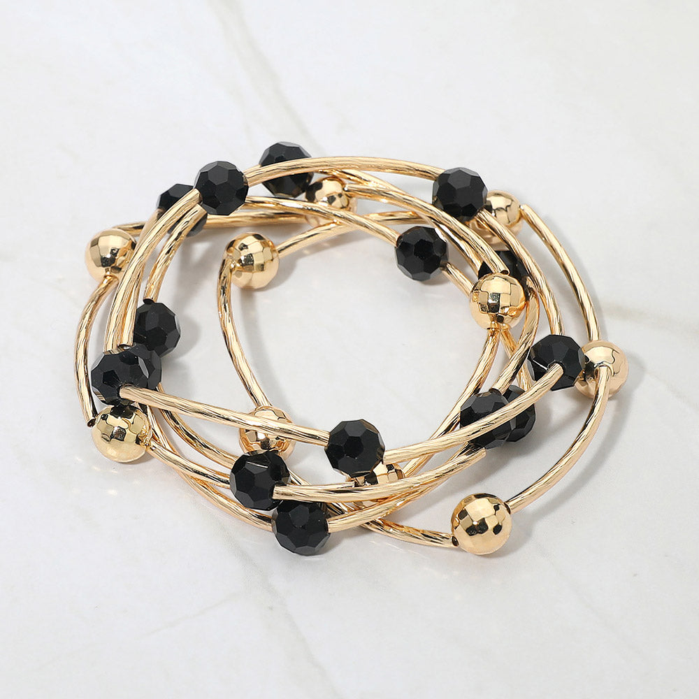 5PCS - Ball Metal Bar Beaded Stretch Multi Layered Bracelets