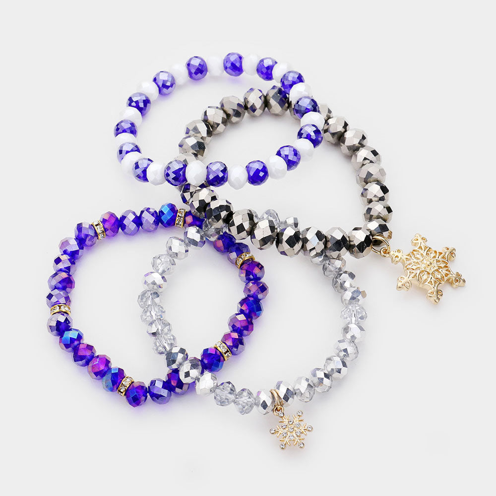 4PCS - Christmas Snowflake Charm Bead Stretch Layered Bracelets